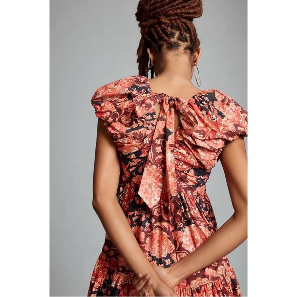 ANTHROPOLOGIE Floral Pleated Bodice Tiered V-Neck Babydoll Dress Red Size 8 NWT - Picture 3 of 9